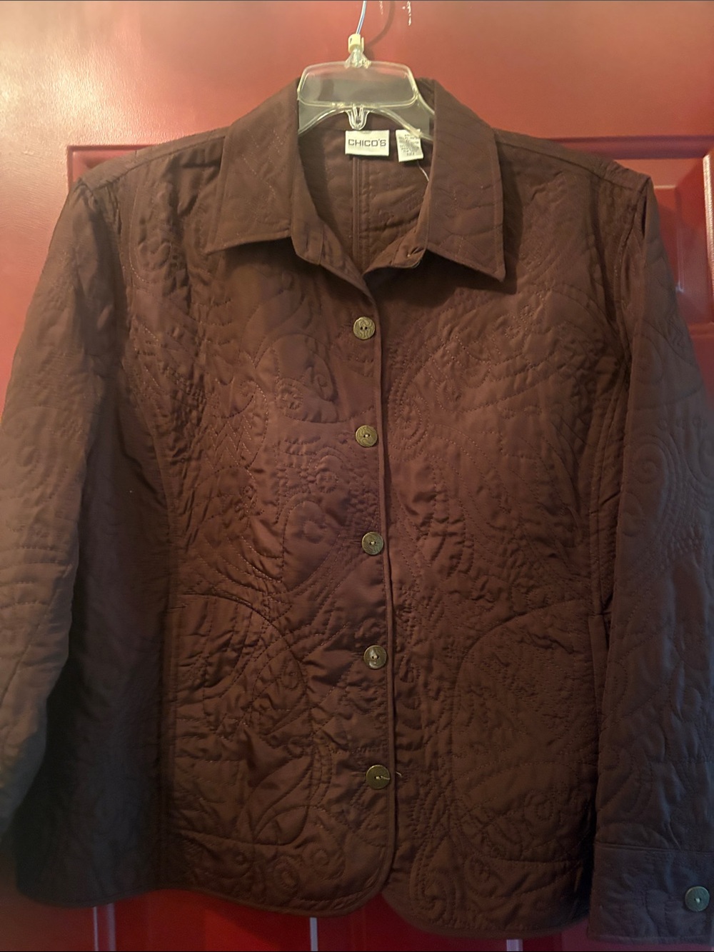 Chico's Quilted Button-Up Jacket in Chocolate Brown Size 3